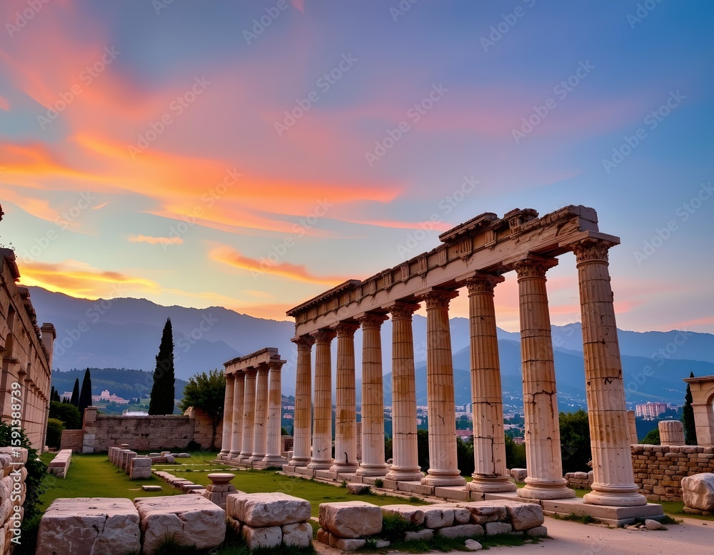 Obraz premium Ancient Architecture Sunset with Doric Columns