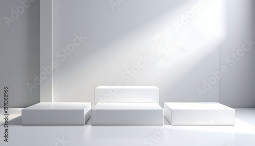 Three White Platforms In A Minimalist Studio Setting