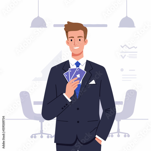 businessman holding cards flat design 