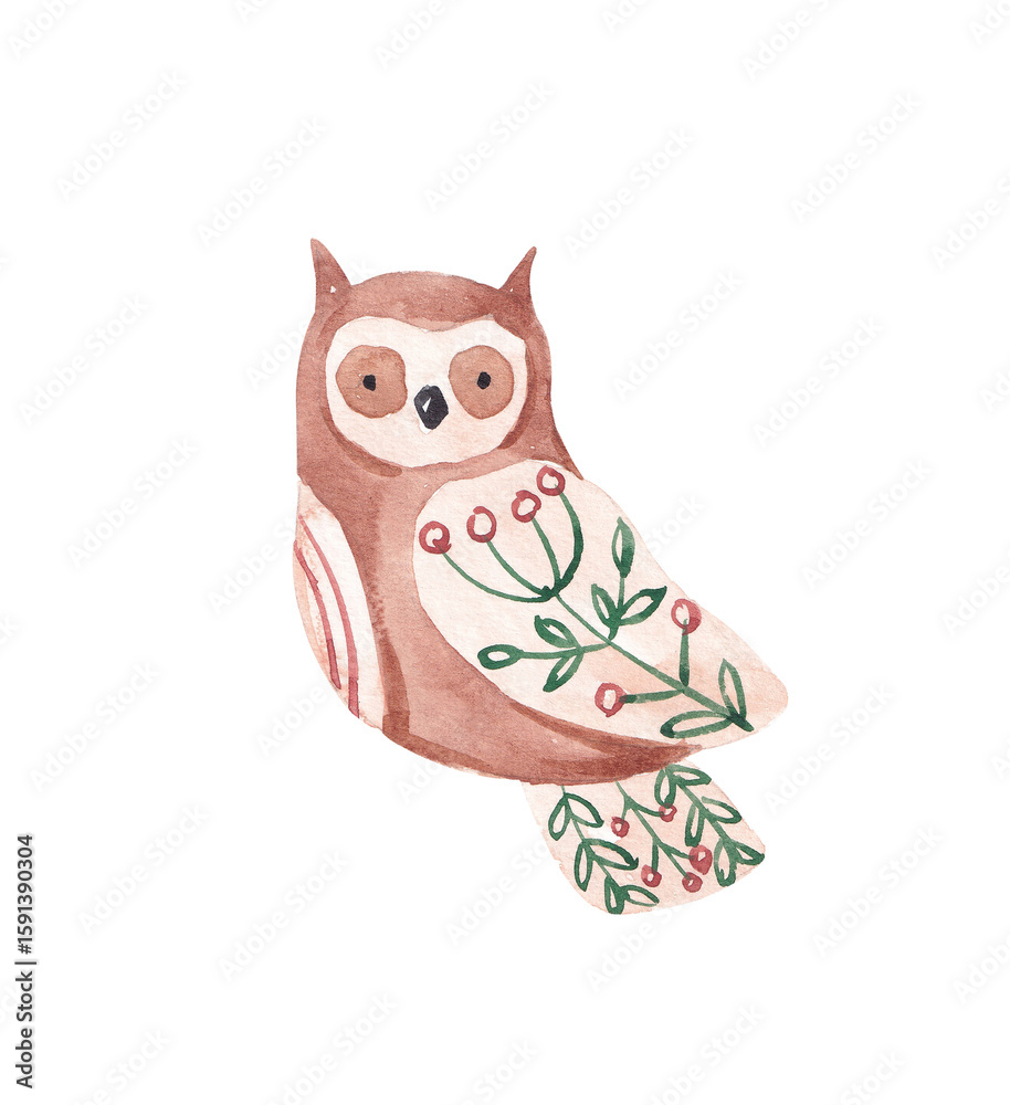 Fototapeta premium Folk ornate owl illustration. Watercolor hand painted forest bird for card, logo, invitation. Simple Nordic design