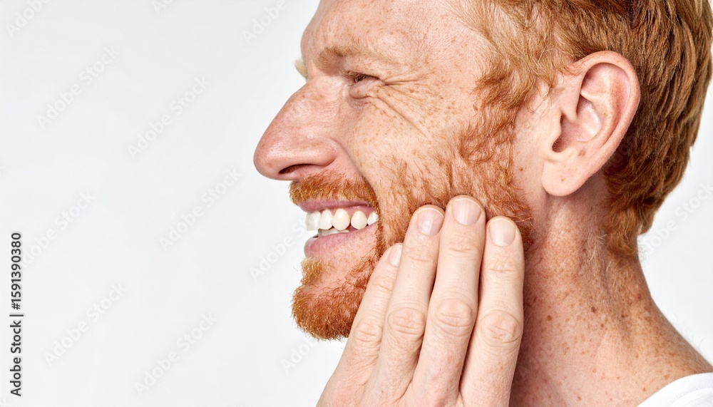 Fototapeta premium Happy redhead man smiling profile close up healthy skin.
