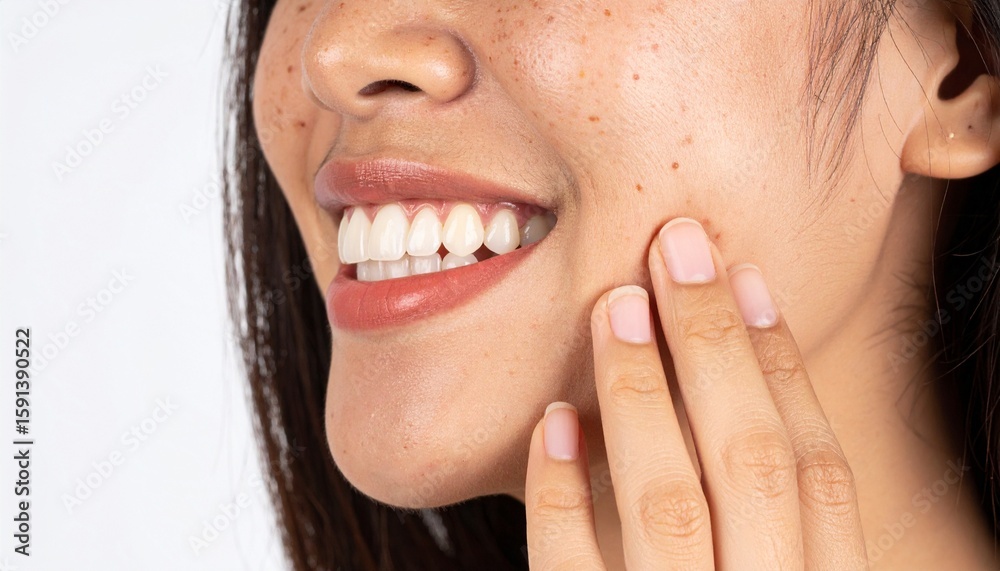 Obraz premium Woman Smiling Gently Touching Face Freckles Healthy Skin.