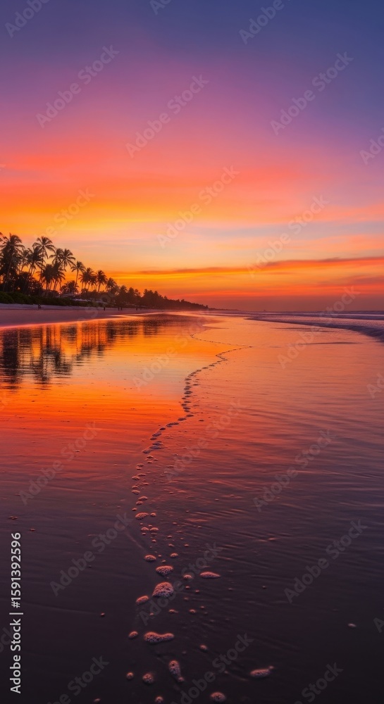 Obraz premium Tropical sunset paradise beach with palm trees, turquoise ocean, and sunny sky perfect for a summer vacation, turquoise ocean, and sunny sky perfect for a summer vacation
