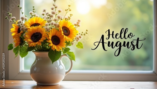 Bouquet of sunflowers and summer flowers in white vase on wooden surface near window. Inscription Hello August.