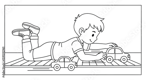 A Child's Playtime: A young child lies on a surface, immersed in creative play with toy car, depicting innocence and imagination.