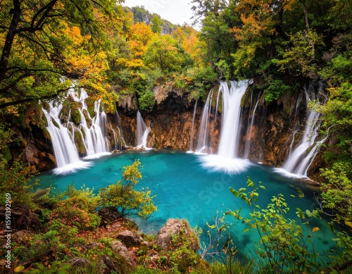 Lush autumnal waterfall cascading into a vibrant pool