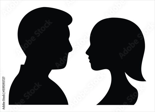 A striking black silhouette of a man and woman facing each other, representing connection, conversation, and relationships in a minimalist graphic style. 