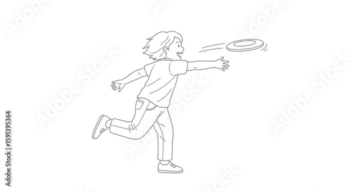 Frisbee Throwing: An outline illustration captures the essence of pure childhood joy as a young person throws a frisbee in a game.