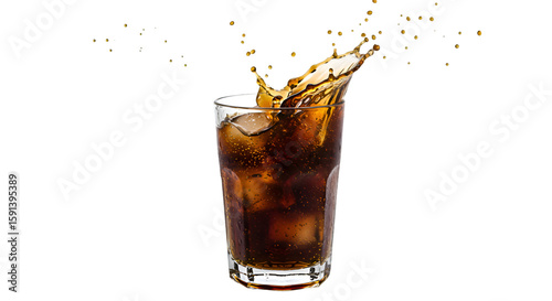 Splashing soda with ice cubes in a glass.