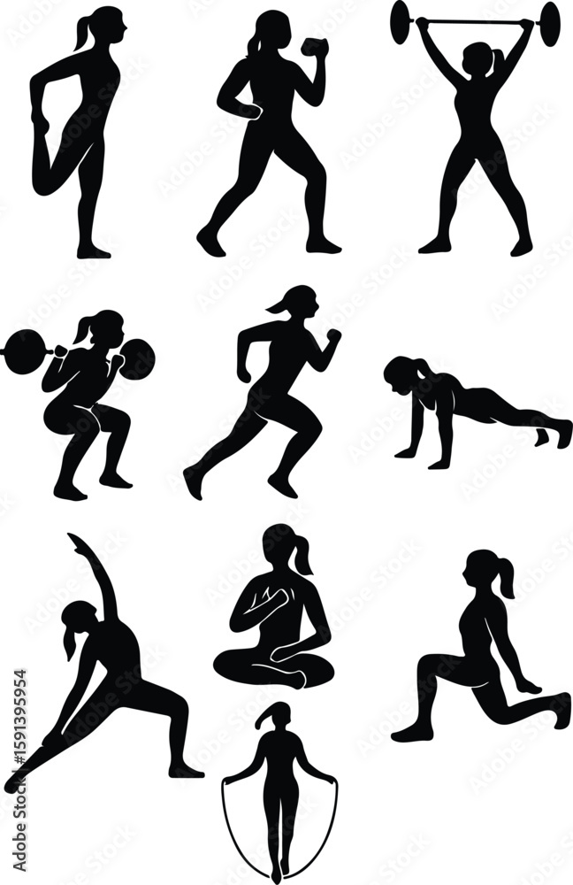 Obraz premium Collection of black vector sport silhouettes featuring running, basketball, dance, and football athletes in various action poses