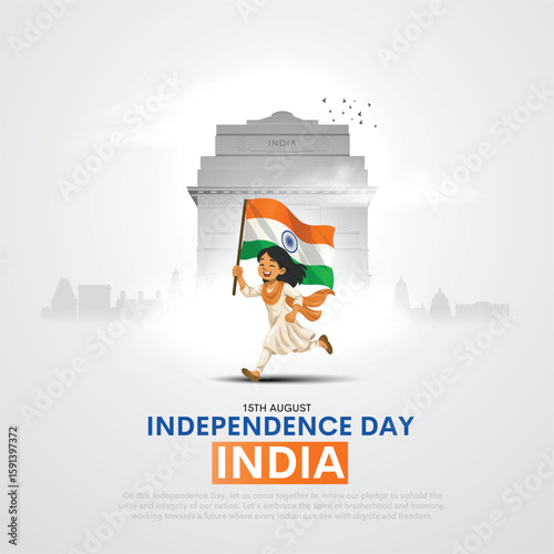 happy 79th independence day of india. creative vector illustration design with girl child running with indian flag.