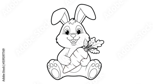 Smiling Bunny with Carrot: A cute bunny sits, contentedly clutching a fresh carrot, a symbol of spring and new beginnings. Perfect for children's content.