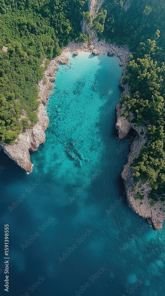 Obraz premium Tropical cove, vibrant turquoise water, lush greenery