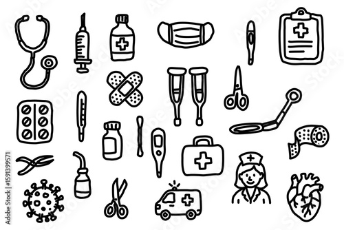 Set of hand drawn medical doodle icons in black and white, including tools, doctor, and health care items.