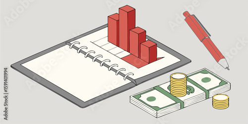 showing a notebook with a downward trending graph, money, and a red pen nearby