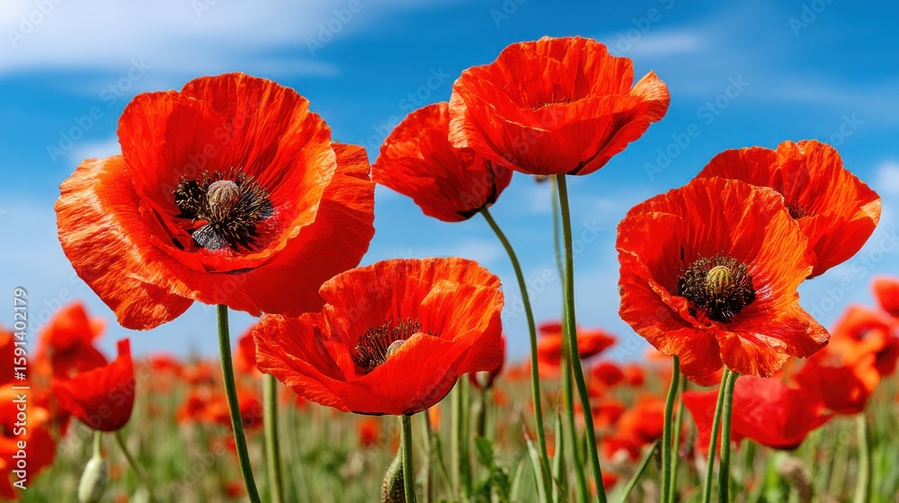 Fototapeta premium Bright red poppies blooming under a clear blue sky, showcasing vibrant floral beauty and natural scenery