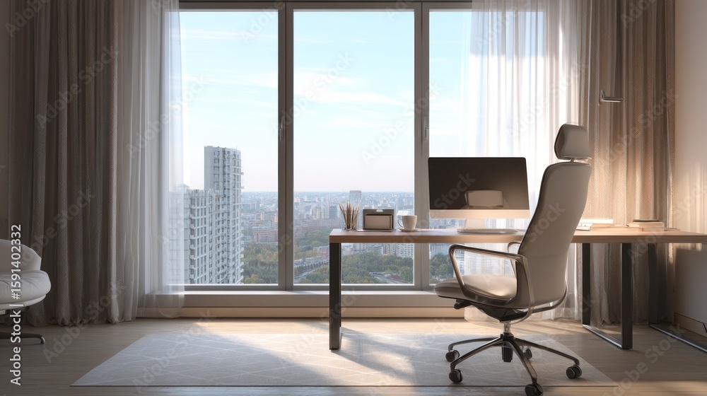 Fototapeta premium Modern home office with city view, featuring a light wood desk, comfortable chair, and floor-to-ceiling windows