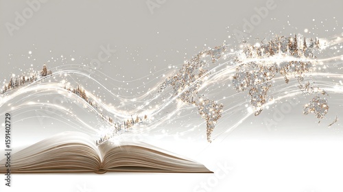 Open book with swirling, glittering world map, light trails, and winter scenes