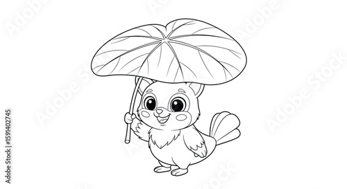 Whimsical Bird and Leaf: A charming illustration of a cartoon bird using a leaf as an umbrella, conveying a sense of innocence and adventure.