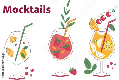 Illustration of three mocktails with fruit slices and straws on a white background in vector format