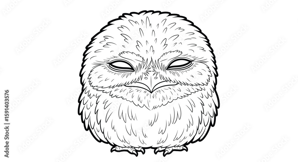 Fototapeta premium Owl Artwork: A detailed illustration of an owl's face, presented in a clean, black and white line art style, highlighting intricate feather textures and the intensity of its gaze.