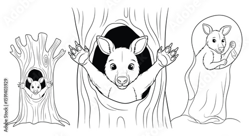 Kangaroo Family in a Tree: A heartwarming illustration features a mother kangaroo and joey exploring their forest home, depicting an outline of the Australian native animal.