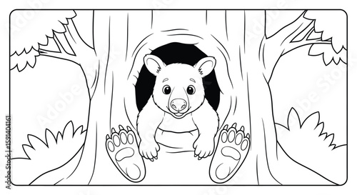 Bear Cub in Tree Den: An endearing illustration of a bear cub nestled inside a hollow tree trunk, with playful expression in line art. Perfect for educational or decorative purposes.