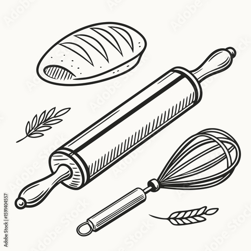 Illustration of baking tools including a loaf of bread a rolling pin and a whisk with wheat sprigs