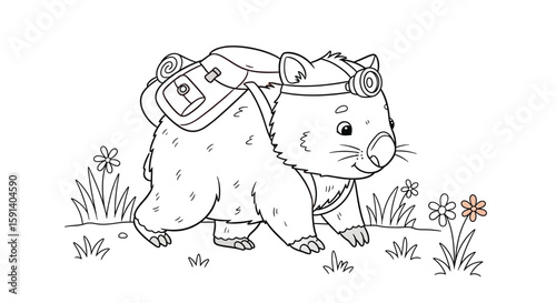 Wombat adventurer: An intrepid cartoon wombat, equipped with backpack and headlight, confidently explores the outdoors among delicate flowers, celebrating the spirit of adventure and exploration.