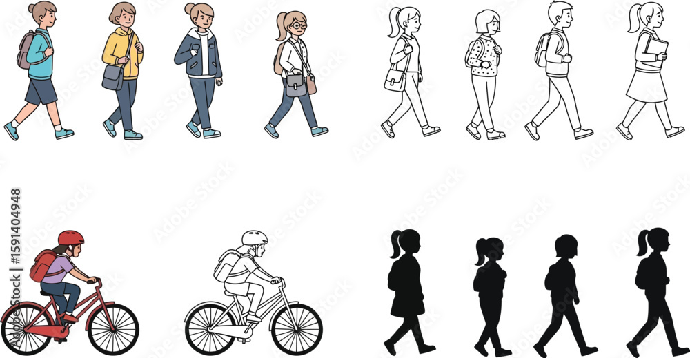 Naklejka premium Walking and biking to school vector illustration back to school concept student commuting clip art design