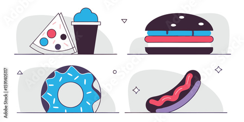  pizza slice, drink, burger, donut, and hotdog arranged in a square format design