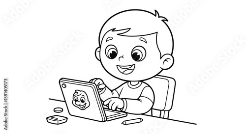Happy Boy Using Tablet: A cheerful young boy smiles while using a tablet computer.  He's happily engaged with technology.