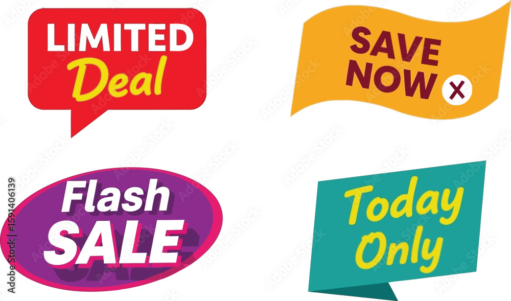 Sale banners and stickers vector design for limited deal flash sale save now and today only promotion Sale banners and stickers vector design for limited deal flash sale save now and today only promotion