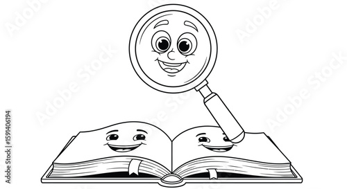 Happy Book and Magnifying Glass: A cheerful magnifying glass peers down at a smiling open book, ready for exploration and discovery. This charming illustration is perfect for educational materials. 