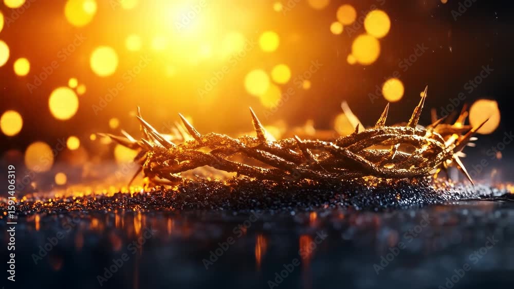 Crown of thorns gold glowing dramatic light reflection symbolic religious suffering hope faith Christianity Easter inspirational mood sacrifice spiritual holy abstract artistic reflective surface