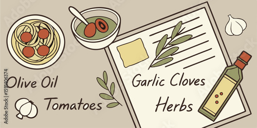 showing ingredients for a recipe including pasta tomatoes and garlic cloves herbs