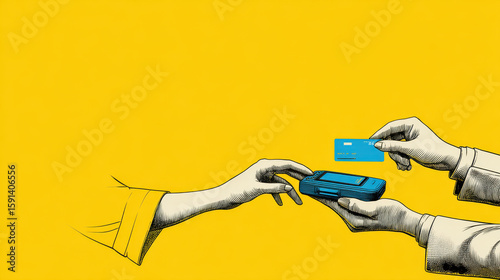 Contactless payment concept with hand holding credit card and payment terminal on yellow background