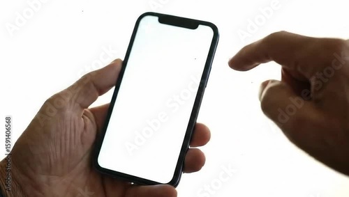 close-up shot of hand interact with white blank screen phone, isolated on white background