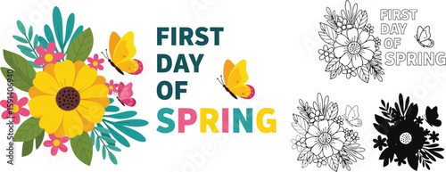 First day of spring floral design with butterflies for coloring page and vector graphics download free