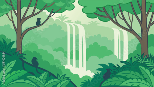Serene Rainforest Waterfall Scene: Lush Green Foliage, Monkeys, Tranquil Mood, Flat Vector Illustration, Nature Background, Eco-Friendly Design, Tropical Paradise, Stock Image.