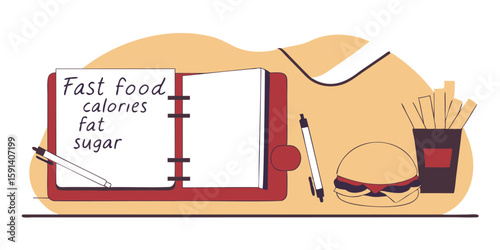 showing a notebook with fast food calories fat and sugar written next to a burger and fries