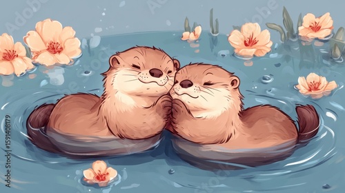 Cute Animated Otters Floating Together in a Peaceful Pond