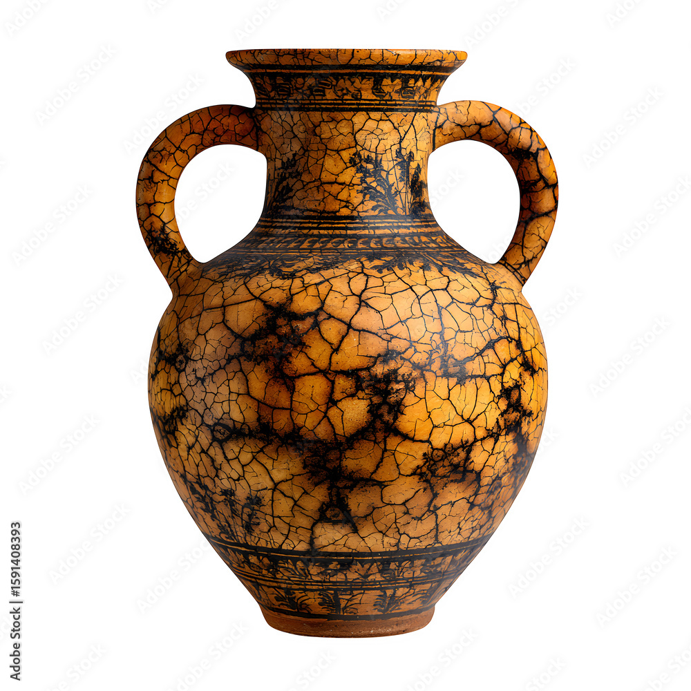 Ancient Greek amphora pottery with black-figure painting, cracked ceramic texture, isolated on a white background Ancient Greek amphora pottery with black-figure painting, cracked ceramic texture, isolated on a white background