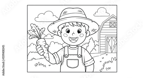 Farm Harvest Triumph: A young farmer, filled with happiness, proudly displays a freshly harvested carrot in the sunny farm landscape.