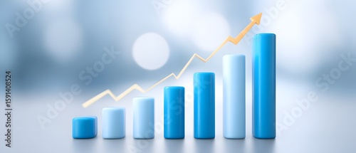 A 3D blue bar chart showing increasing growth with an upward yellow arrow, symbolizing progress and success in business or financial performance.