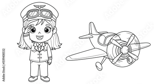 Young Aviator: A line art illustration of a young person in a pilot's uniform, saluting next to a vintage airplane. This image symbolizes dreams, aspiration, and the joy of flight.