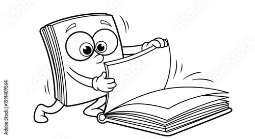 Animated Book's Curious Page-Turn: A whimsical illustration of a cartoon book, eyes wide with curiosity, turns its own pages, inviting viewers into the realm of knowledge.