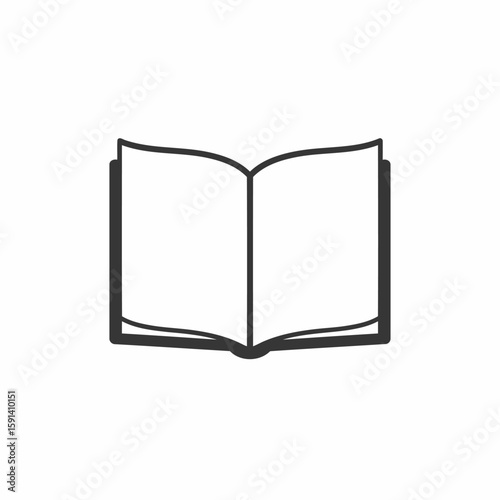 An open book with blank pages is displayed in a simple, minimalist black and white illustration.