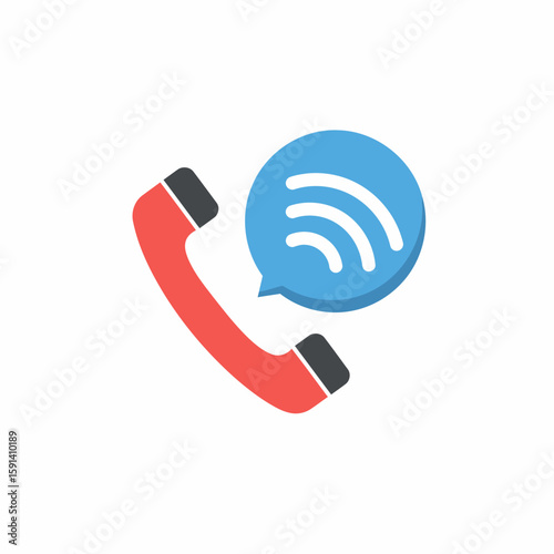Illustration of a red telephone handset with a blue speech bubble containing white signal waves, representing communication.