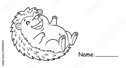 Happy Hedgehog: A delightful black and white cartoon illustration features a cheerful hedgehog lying on its back, exuding a sense of carefree joy.